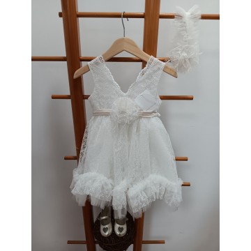 Makis Tselios  Βαπτιστικό Φόρεμα εκρού δαντέλα με χρυσή ζώνη 